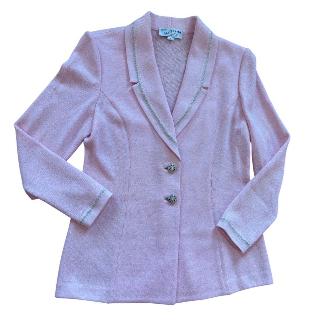St. John Evening Marie Gray Pink Knit Skirt Suit Rhinestone Trim Blazer Set 6 - Picture 3 of 13